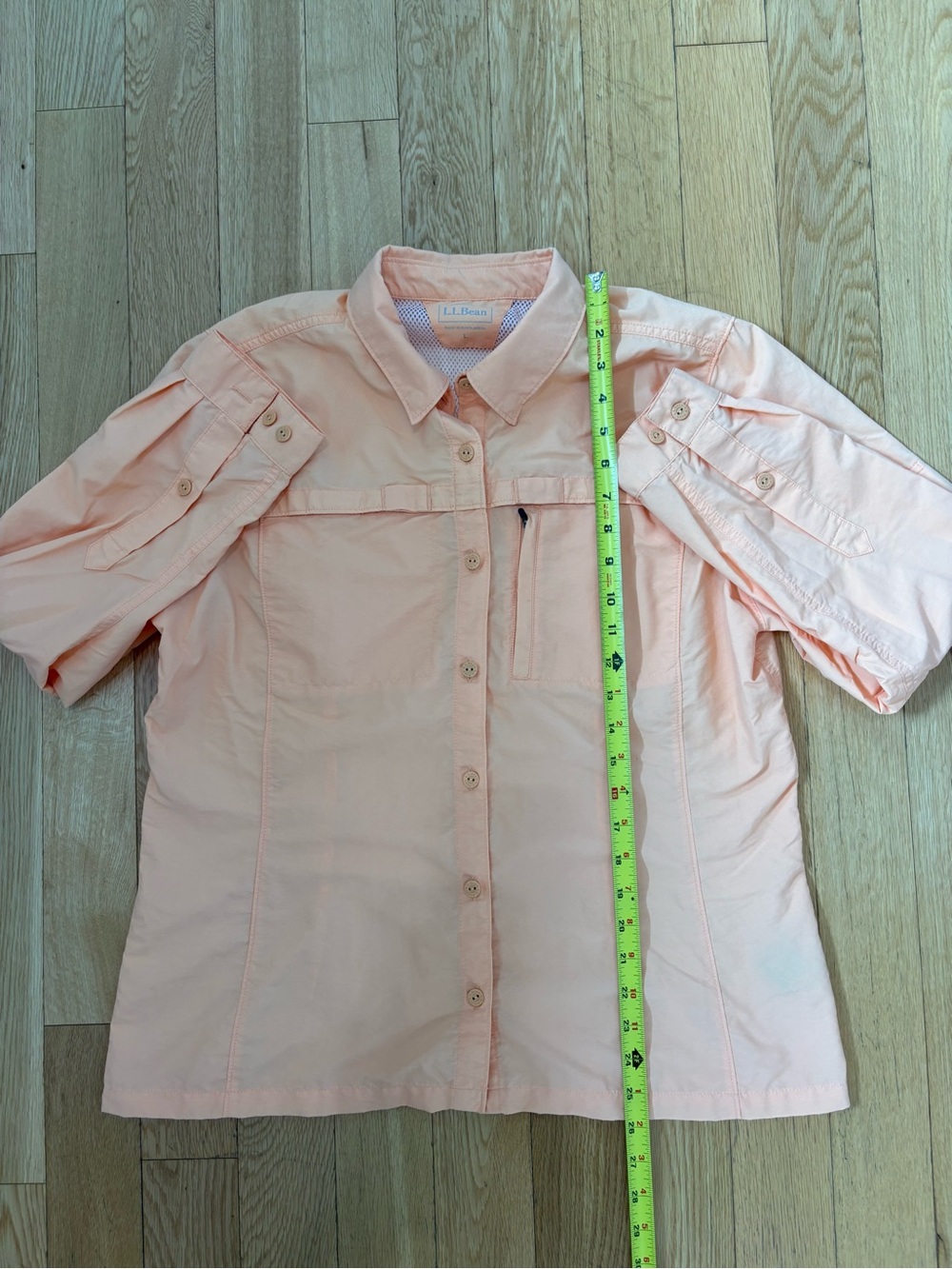 LL Bean Tropicwear Shirt Peach Vented Roll Tab Long Sleeve Size L Utility Chic - Picture 6 of 10